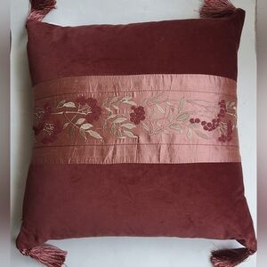 Velvet & Satin Embroidered Throw Pillow- Harvest Rosewood
